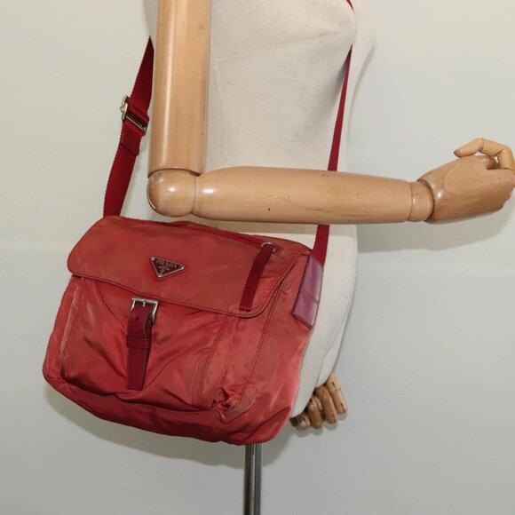 PRADA Shoulder Bag Nylon Red Silver Auth ki5884 - Picture 1 of 14